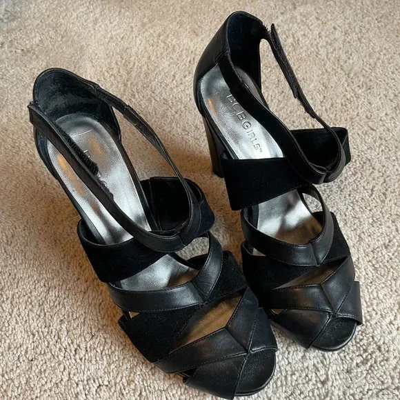 BCBGirls Black Leather Peep Toe Heels - Size 6 - Picture 1 of 4